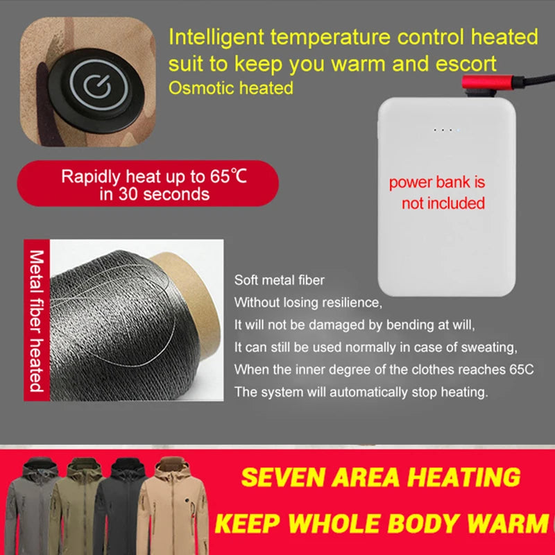 7 Zone Heated Jacket Winter Motorcycle Hooded Jacket Men Women USB Electric Heating Thermostatic Camping Warm Jacket Washed
