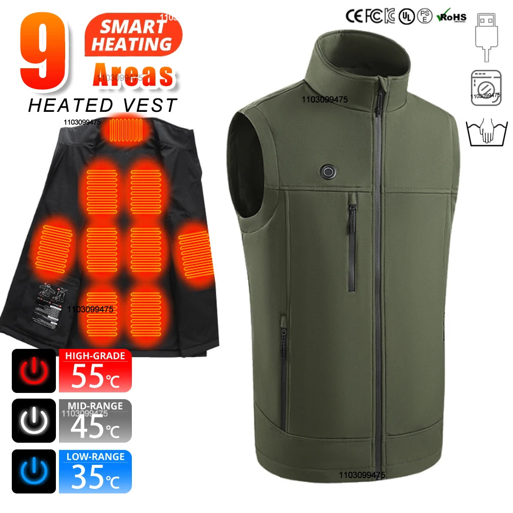 Men Women 9 Areas Heated Vest USB Charging Heated Jacket Washed Keep Warm Hiking Vest Winter Fishing Skiing Vest Heated Coats