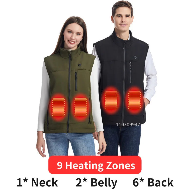 Men Women 9 Areas Heated Vest USB Charging Heated Jacket Washed Keep Warm Hiking Vest Winter Fishing Skiing Vest Heated Coats