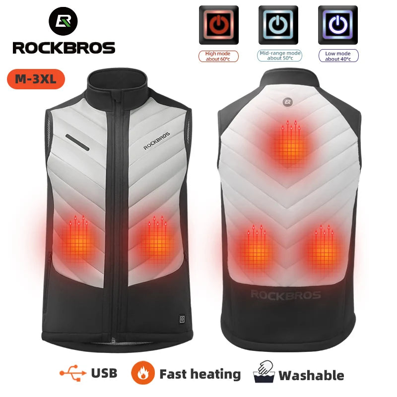 ROCKBROS Heated Vest USB Heated Jacket Thermal Clothing Hunting Cycling USB Infrared Heating Vest Washable Men Winter Warm